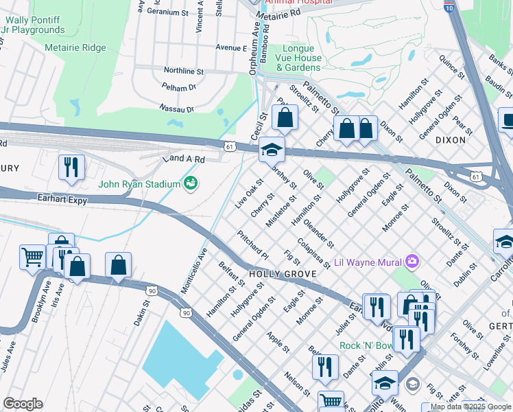 map of restaurants, bars, coffee shops, grocery stores, and more near 9302 Fig Street in New Orleans