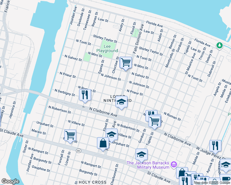 map of restaurants, bars, coffee shops, grocery stores, and more near 5446 North Roman Street in New Orleans