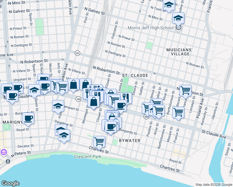 map of restaurants, bars, coffee shops, grocery stores, and more near 1215 Louisa Street in New Orleans