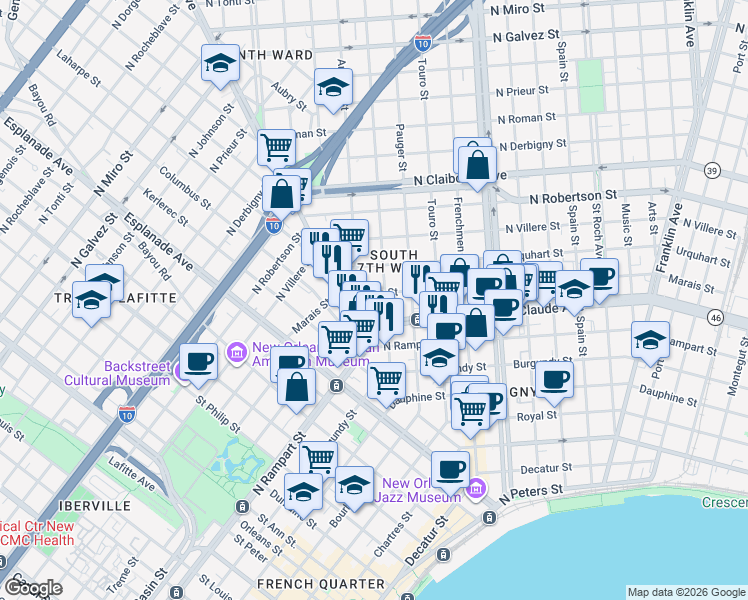 map of restaurants, bars, coffee shops, grocery stores, and more near 1803 Henriette Delille Street in New Orleans