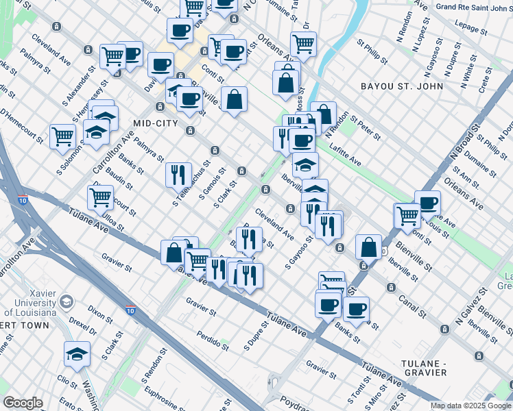 map of restaurants, bars, coffee shops, grocery stores, and more near 3322 Cleveland Avenue in New Orleans