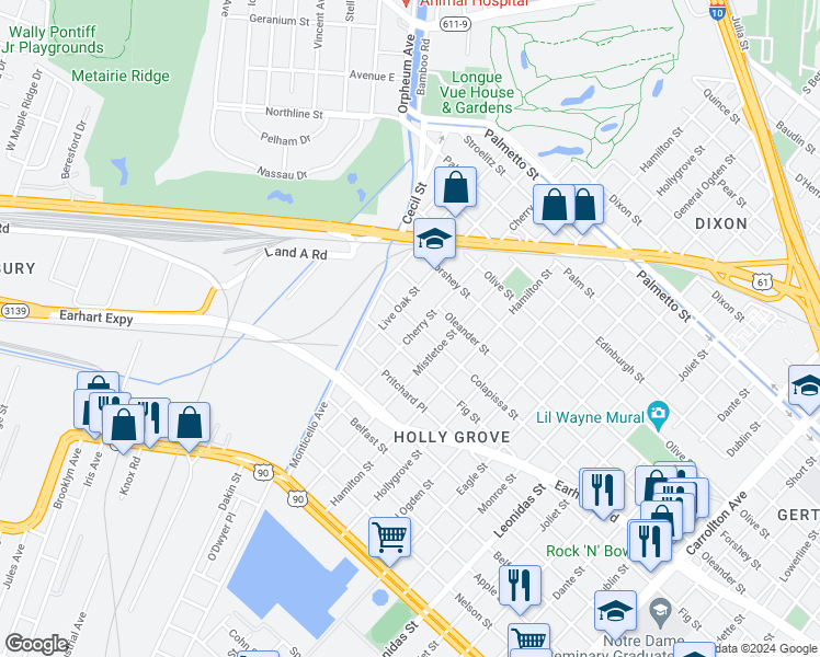 map of restaurants, bars, coffee shops, grocery stores, and more near 9302 Fig Street in New Orleans