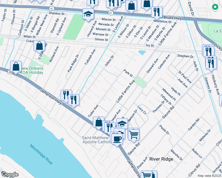 map of restaurants, bars, coffee shops, grocery stores, and more near 240 Tudor Avenue in River Ridge
