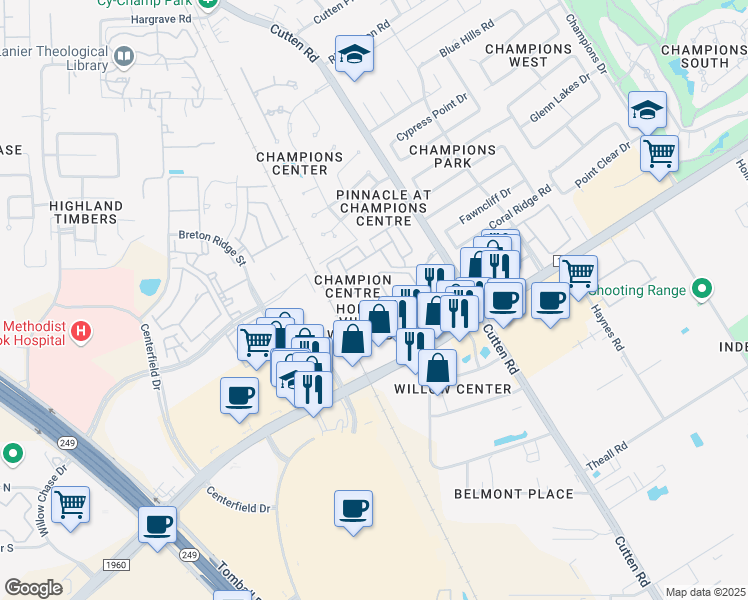 map of restaurants, bars, coffee shops, grocery stores, and more near 13223 Champions Plaza Drive in Houston
