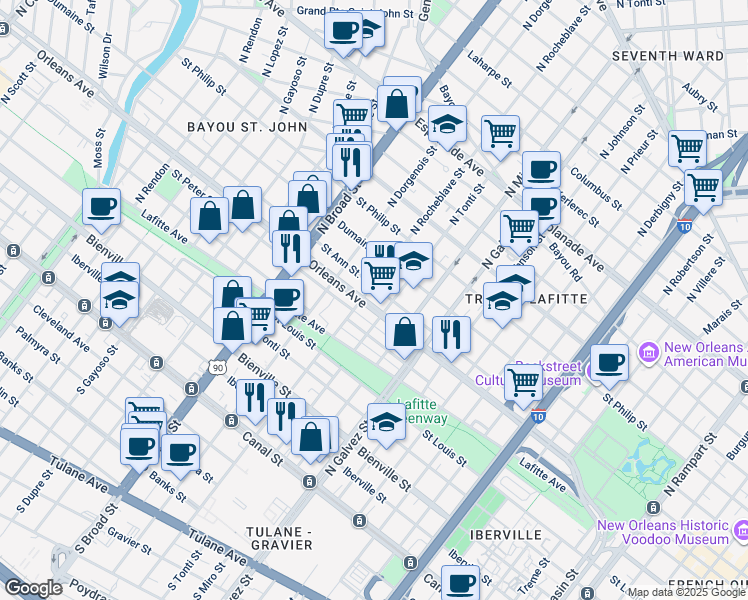 map of restaurants, bars, coffee shops, grocery stores, and more near 2423 Orleans Avenue in New Orleans