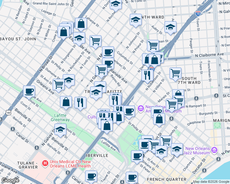map of restaurants, bars, coffee shops, grocery stores, and more near 1835 Ursulines Avenue in New Orleans