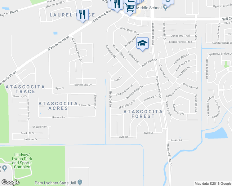 map of restaurants, bars, coffee shops, grocery stores, and more near 3615 Village Grove Drive in Humble
