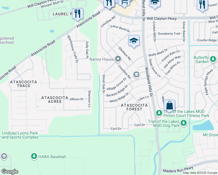 map of restaurants, bars, coffee shops, grocery stores, and more near 3615 Village Grove Drive in Humble