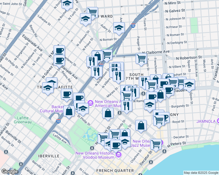 map of restaurants, bars, coffee shops, grocery stores, and more near 1331 Kerlerec Street in New Orleans