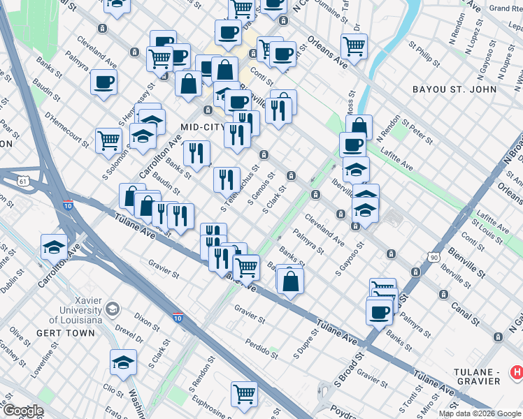 map of restaurants, bars, coffee shops, grocery stores, and more near 3501 Banks Street in New Orleans