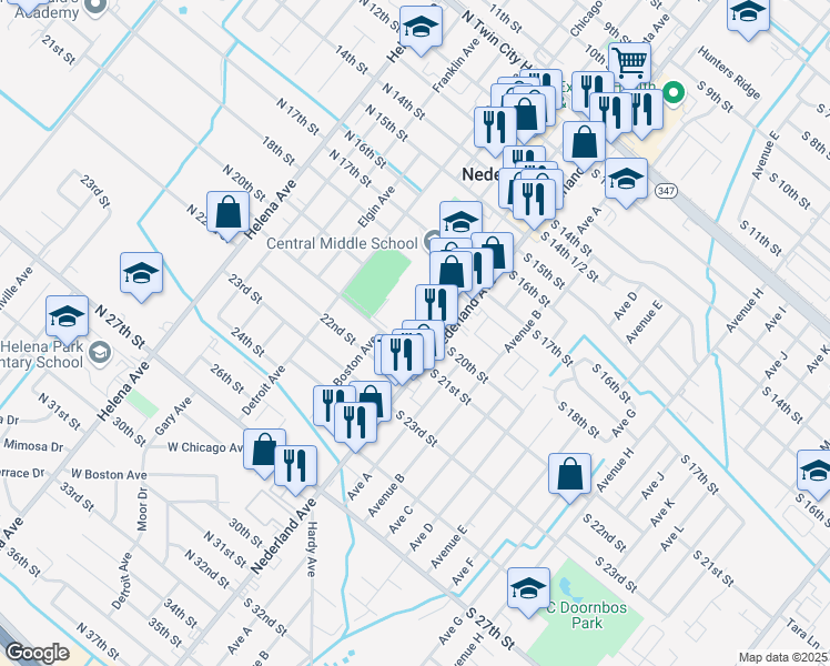 map of restaurants, bars, coffee shops, grocery stores, and more near 198 20th Street in Nederland