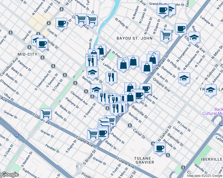 map of restaurants, bars, coffee shops, grocery stores, and more near 2900 Bienville Street in New Orleans