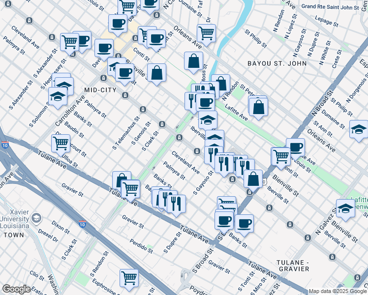 map of restaurants, bars, coffee shops, grocery stores, and more near 3222 Canal Street in New Orleans
