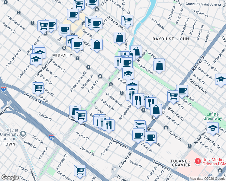 map of restaurants, bars, coffee shops, grocery stores, and more near 3222 Canal Street in New Orleans