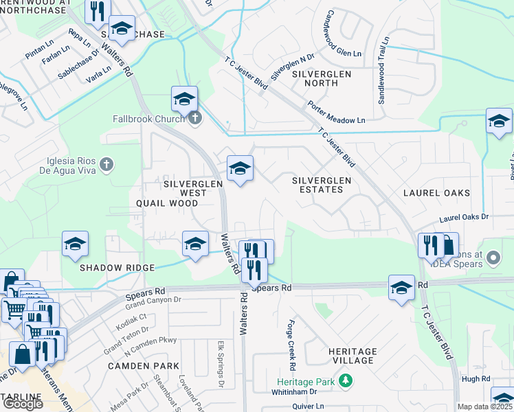 map of restaurants, bars, coffee shops, grocery stores, and more near 12323 Turchin Drive in Houston