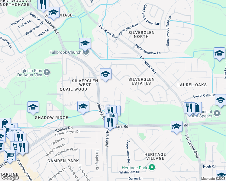 map of restaurants, bars, coffee shops, grocery stores, and more near 12323 Turchin Drive in Houston
