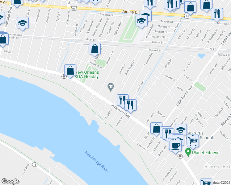 map of restaurants, bars, coffee shops, grocery stores, and more near 249 Madelyn Lane in River Ridge