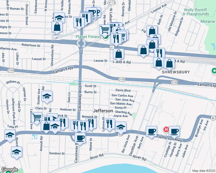 map of restaurants, bars, coffee shops, grocery stores, and more near 4 Labarre Court in Jefferson