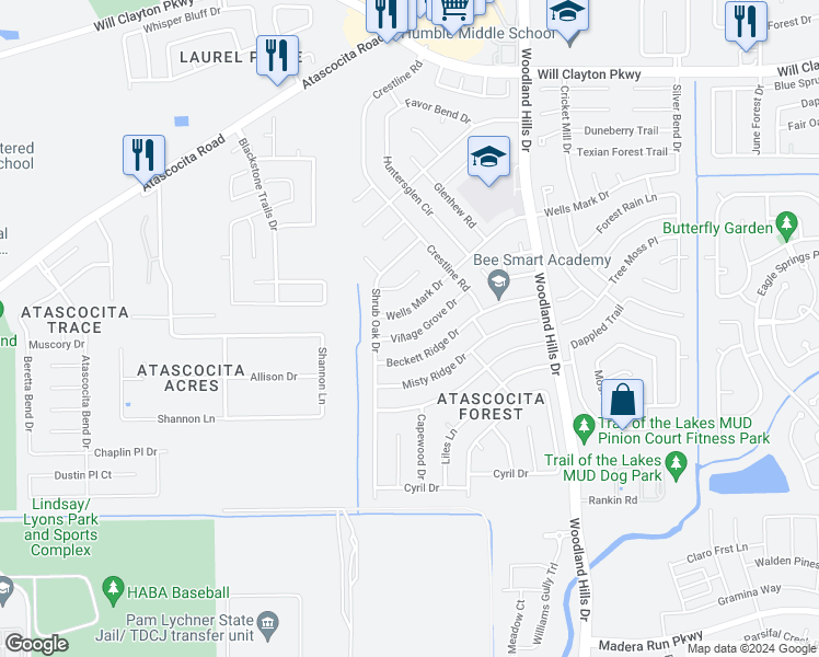 map of restaurants, bars, coffee shops, grocery stores, and more near 3627 Village Grove Drive in Humble