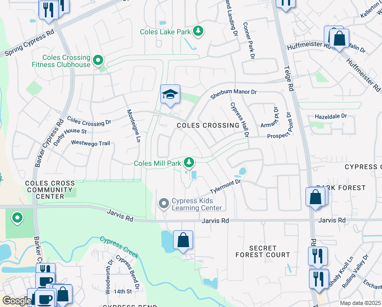 map of restaurants, bars, coffee shops, grocery stores, and more near 13502 Tobinn Manor Drive in Cypress