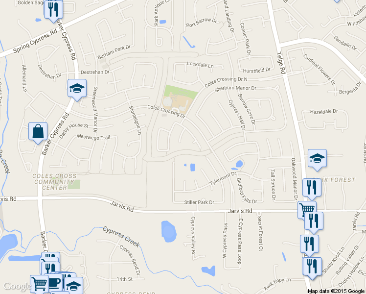 map of restaurants, bars, coffee shops, grocery stores, and more near 13502 Tobinn Manor Drive in Cypress