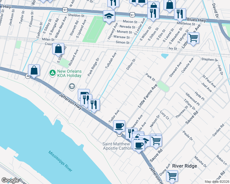 map of restaurants, bars, coffee shops, grocery stores, and more near 10525 Stein Drive in River Ridge
