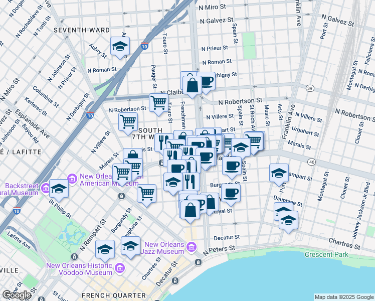 map of restaurants, bars, coffee shops, grocery stores, and more near 1114 Frenchmen Street in New Orleans