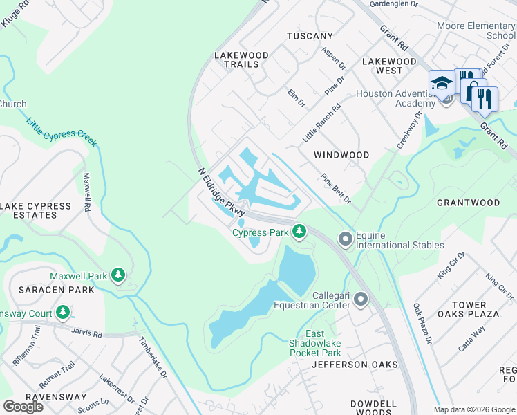 map of restaurants, bars, coffee shops, grocery stores, and more near 13115 Parc Lake Edge Drive in Cypress
