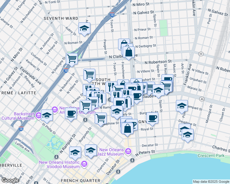 map of restaurants, bars, coffee shops, grocery stores, and more near in New Orleans