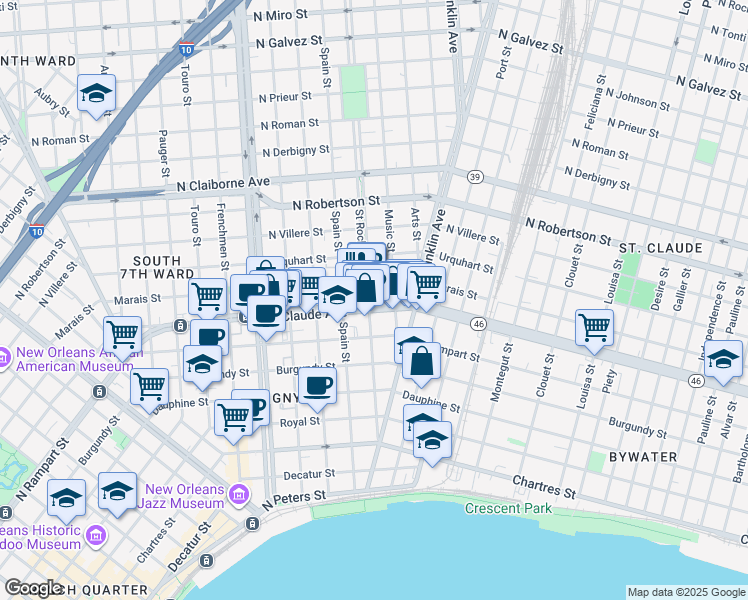 map of restaurants, bars, coffee shops, grocery stores, and more near 2372 Saint Claude Avenue in New Orleans