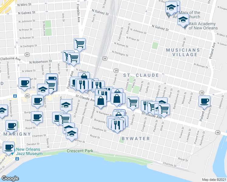 map of restaurants, bars, coffee shops, grocery stores, and more near 3113 Marais Street in New Orleans