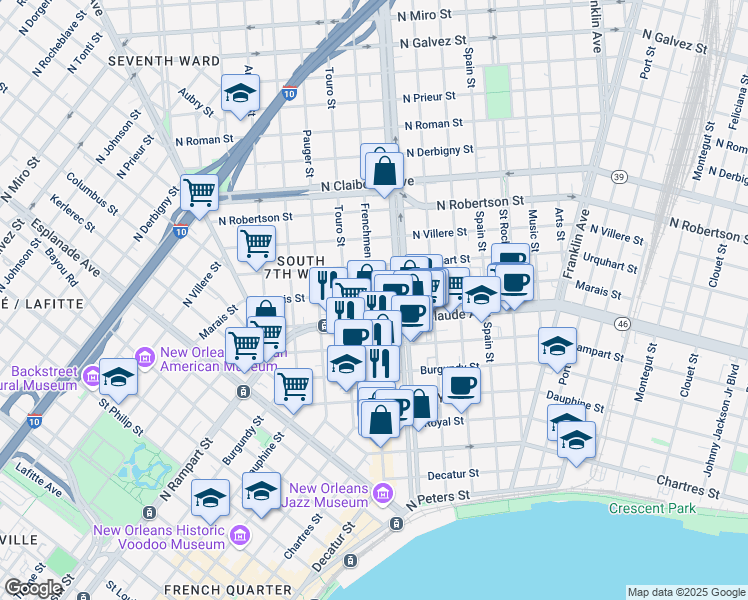 map of restaurants, bars, coffee shops, grocery stores, and more near 1114 Frenchmen Street in New Orleans