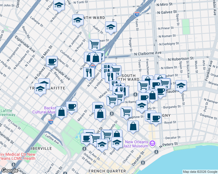 map of restaurants, bars, coffee shops, grocery stores, and more near 1462 Marais Street in New Orleans
