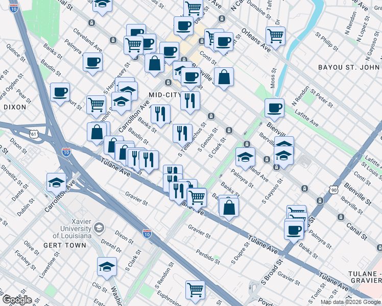map of restaurants, bars, coffee shops, grocery stores, and more near 3615 Banks Street in New Orleans