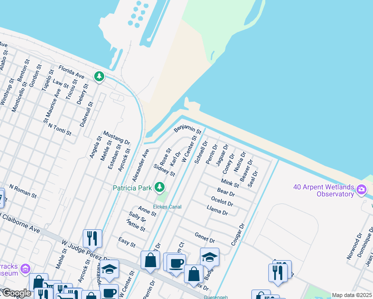 map of restaurants, bars, coffee shops, grocery stores, and more near 1918 Center Street in Arabi