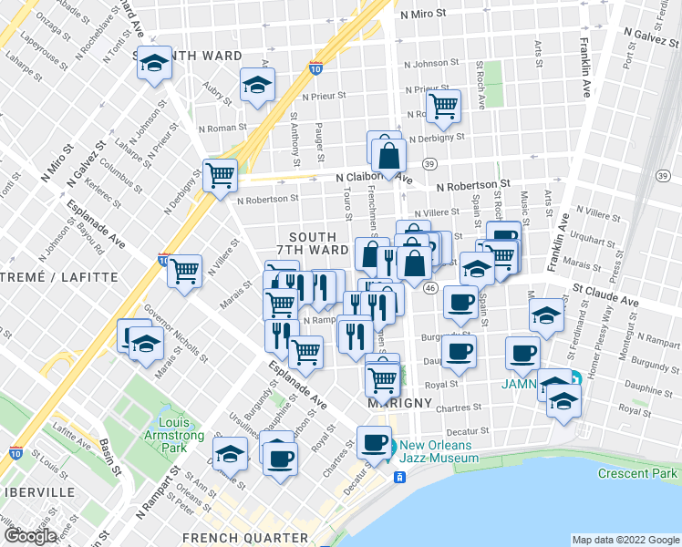 map of restaurants, bars, coffee shops, grocery stores, and more near 1918 Marais Street in New Orleans