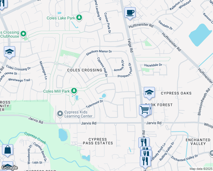 map of restaurants, bars, coffee shops, grocery stores, and more near 15415 Lakeport Crossing Drive in Cypress