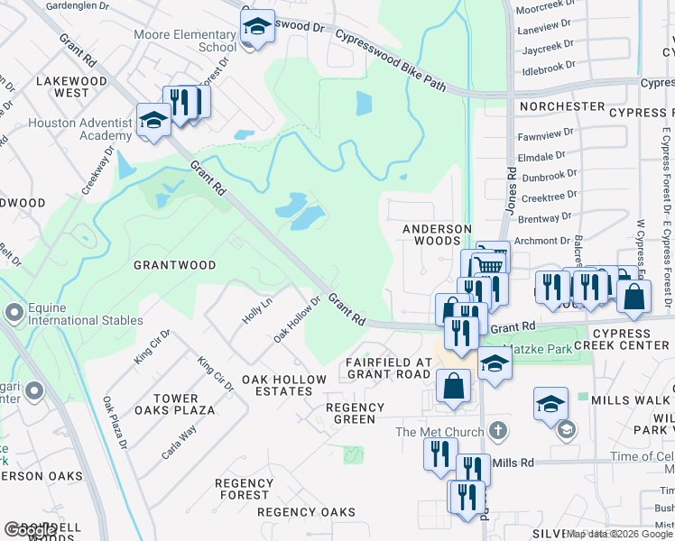 map of restaurants, bars, coffee shops, grocery stores, and more near 11350 Grant Rd in Houston