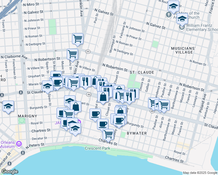 map of restaurants, bars, coffee shops, grocery stores, and more near 1225 Feliciana Street in New Orleans