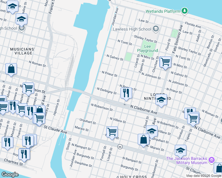 map of restaurants, bars, coffee shops, grocery stores, and more near 1631 Tennessee Street in New Orleans