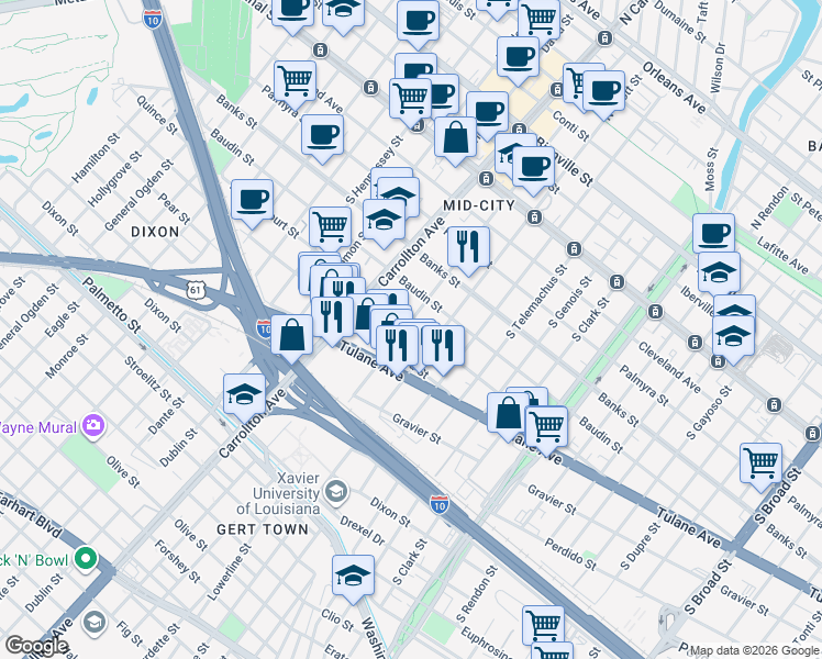 map of restaurants, bars, coffee shops, grocery stores, and more near 3917 Ulloa Street in New Orleans