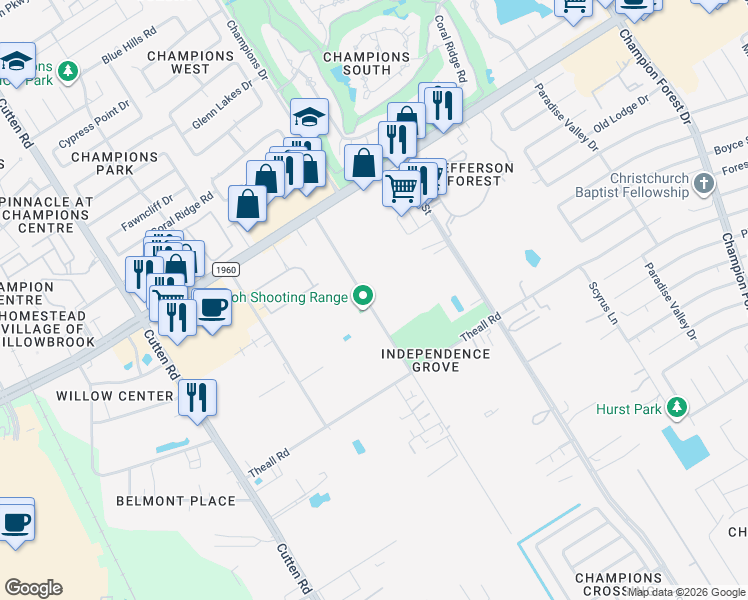 map of restaurants, bars, coffee shops, grocery stores, and more near 12686 Shiloh Church Road in Houston