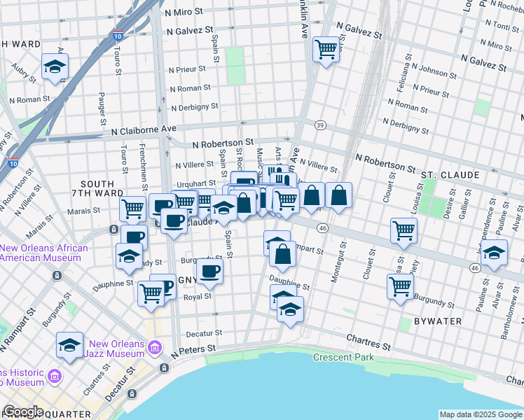 map of restaurants, bars, coffee shops, grocery stores, and more near 2500 Marais Street in New Orleans