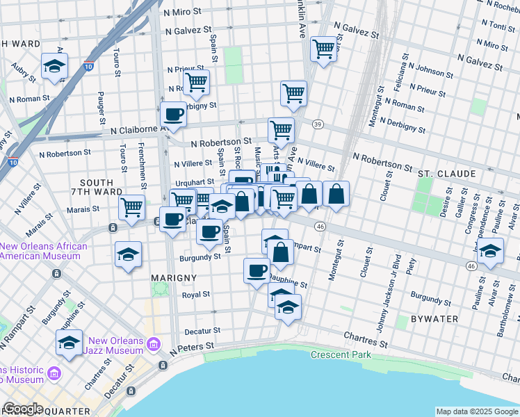 map of restaurants, bars, coffee shops, grocery stores, and more near 2500 Marais Street in New Orleans