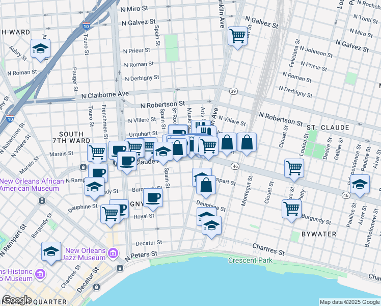 map of restaurants, bars, coffee shops, grocery stores, and more near 2500 Marais Street in New Orleans