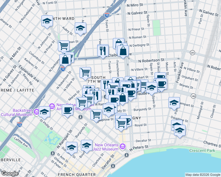map of restaurants, bars, coffee shops, grocery stores, and more near 1916 Urquhart Street in New Orleans