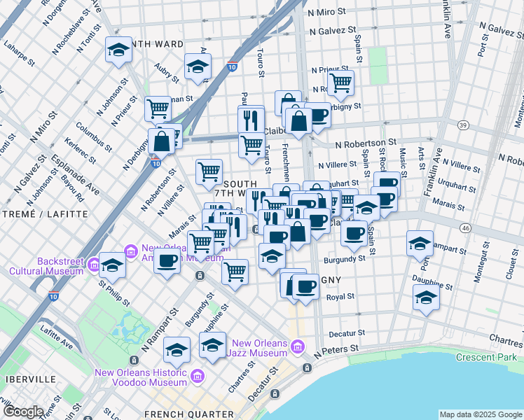 map of restaurants, bars, coffee shops, grocery stores, and more near 1916 Urquhart Street in New Orleans