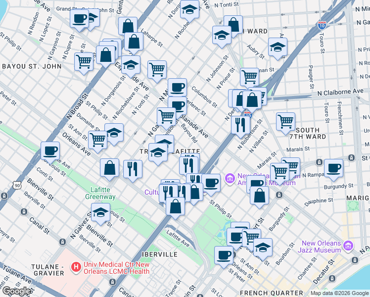 map of restaurants, bars, coffee shops, grocery stores, and more near 1216 North Prieur Street in New Orleans