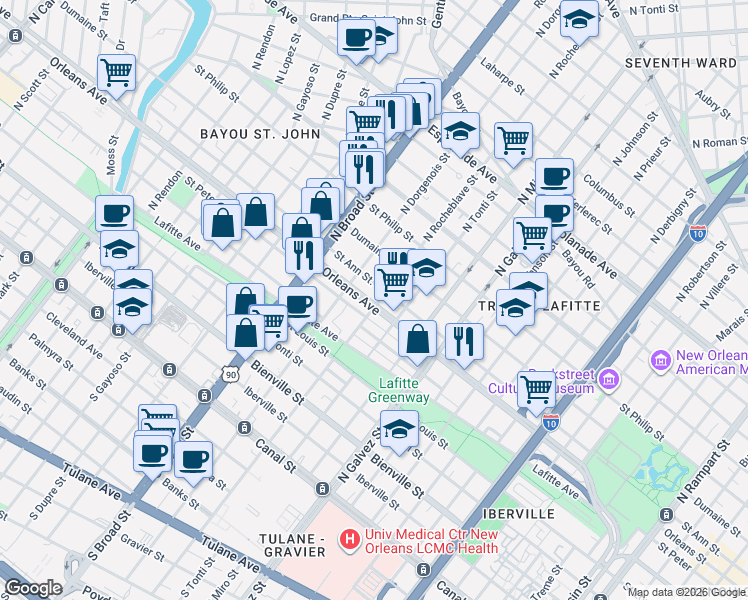 map of restaurants, bars, coffee shops, grocery stores, and more near 2549 Orleans Avenue in New Orleans