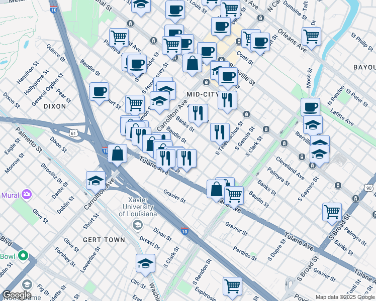 map of restaurants, bars, coffee shops, grocery stores, and more near 3917 Baudin Street in New Orleans